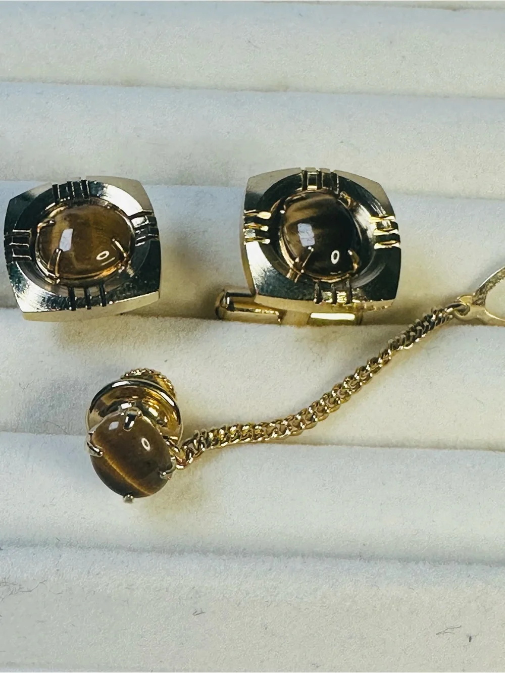 Gold-Tone Brown Cabochon Cufflinks and Tie Pin Set